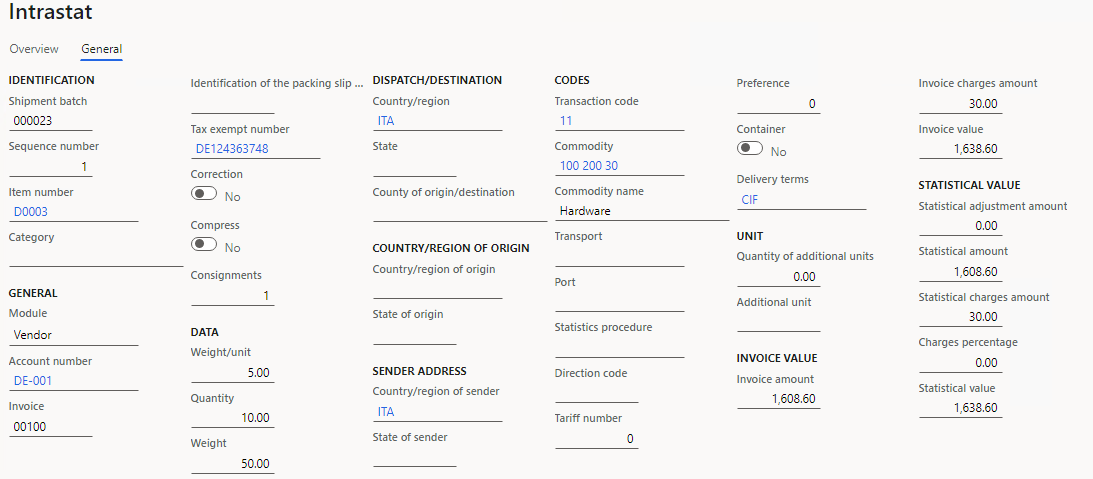 Purchase order details with miscellaneous charges on the General tab of the Intrastat page