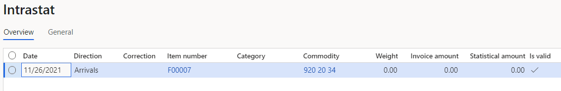 Line that represents the purchase order on the Intrastat page