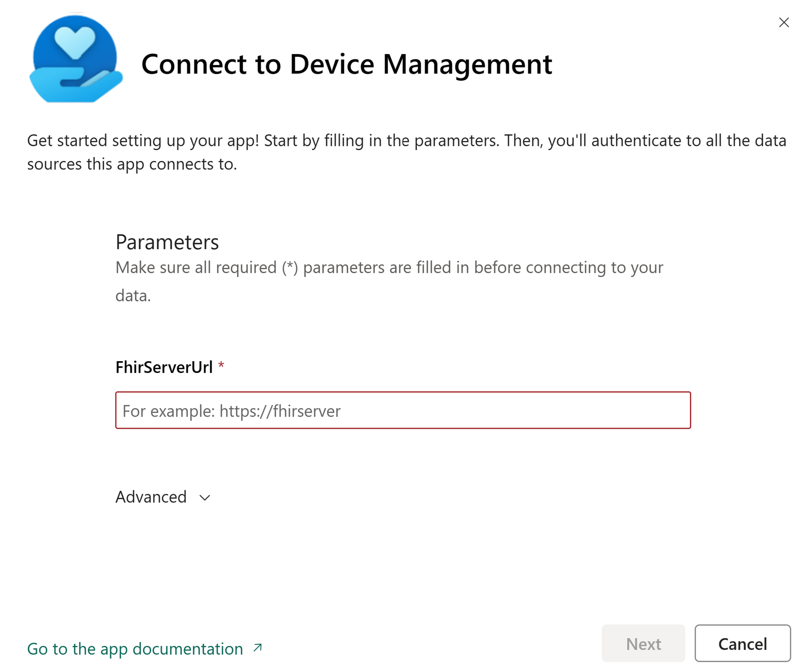 A screenshot displaying the FHIR server URL field on the device management connection page.