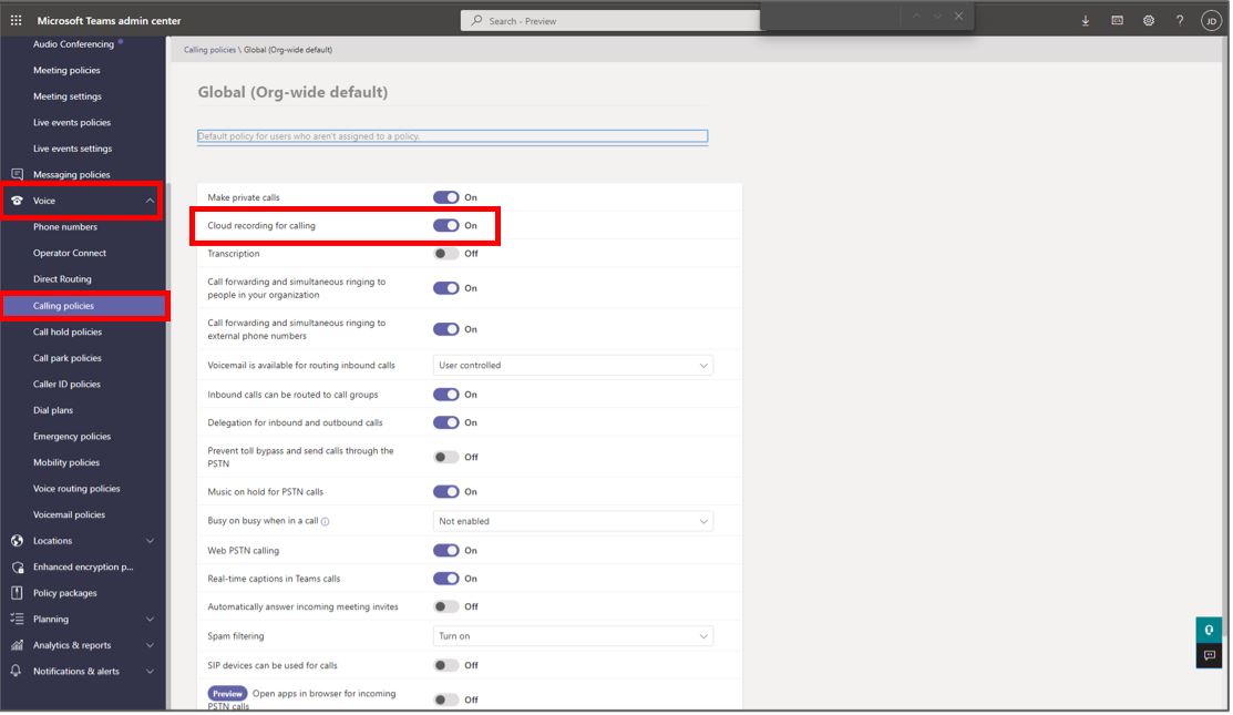 突出显示了用于通话设置的云录制的 Microsoft Teams 管理中心的屏幕截图。