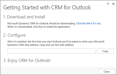 “Dynamics 365 for Outlook 入门”对话框。