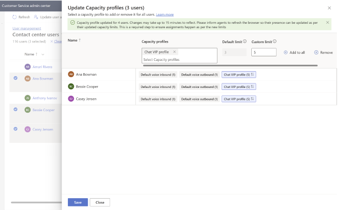 Screenshot of update custom limit of a capacity profile for selected agents.