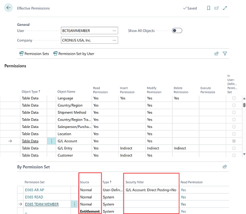 Shows Source and Security filter columns on Effective Permissions page.