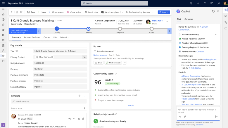 Screenshot of the Copilot account summary in Copilot side pane with account record in context.