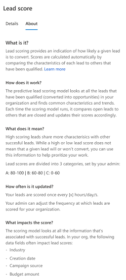 预测性潜在顾客评分“关于”选项卡的屏幕截图。