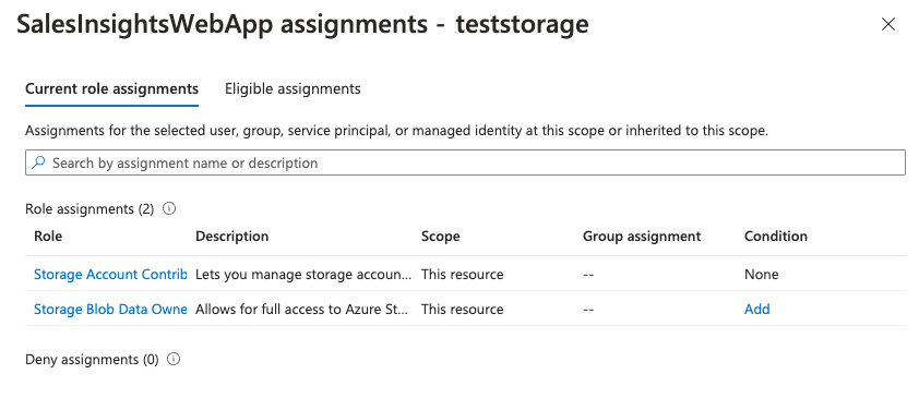 角色分配选项卡的屏幕截图，显示为 Azure 门户中的 SalesInsightsWebApp 分配的角色