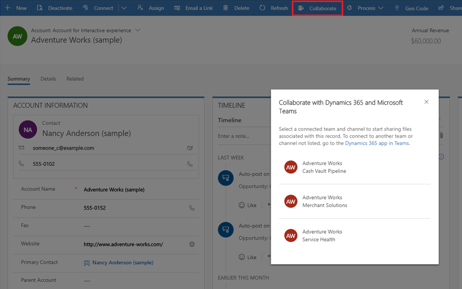 从 Dynamics 365 应用，在 Microsoft Teams 中打开对话。