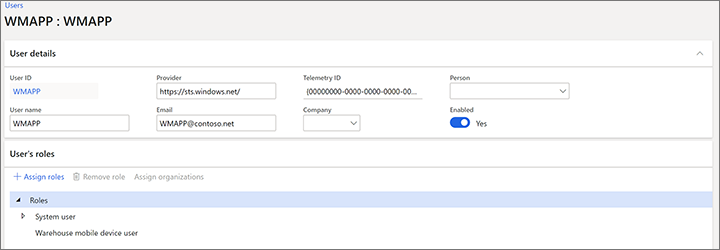 Screenshot that shows the Warehousing mobile device user role assigned to a user on the user details page.