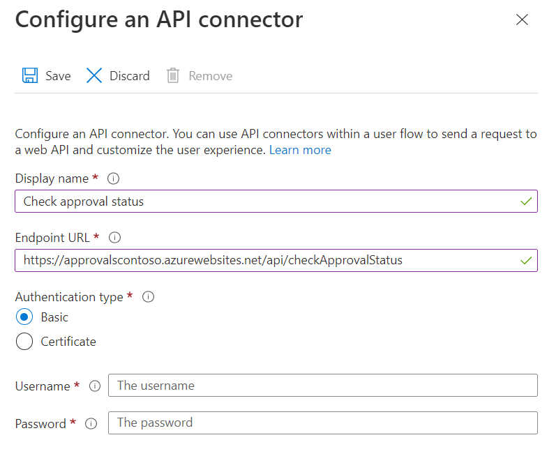 检查审批状态 API 连接器配置的屏幕截图。