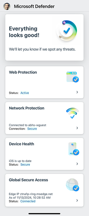 iOS Microsoft Defender 仪表板的屏幕截图。