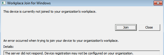 Workplace Join for Windows 对话框的屏幕截图。文本报告因服务器无响应而发生了错误。