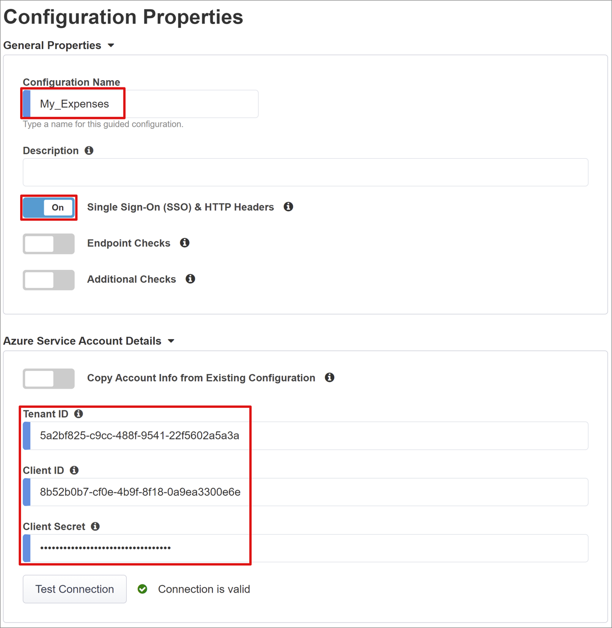 “配置名称”、“SSO 和 HTTP 标头”以及“Azure 服务帐户详细信息”条目的屏幕截图。