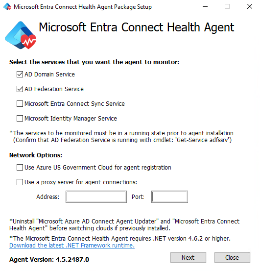 显示 Microsoft Entra Connect Health AD FS 代理安装窗口的屏幕截图。