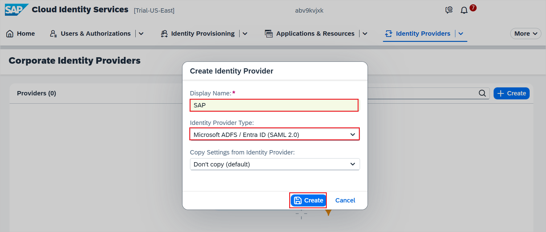 显示“创建标识提供者”的屏幕截图。