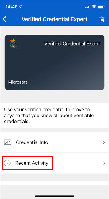 显示“最近活动”按钮的屏幕截图，该按钮将转到凭据历史记录。