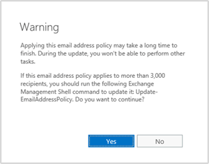 应用或删除电子邮件地址策略后显示的警告。