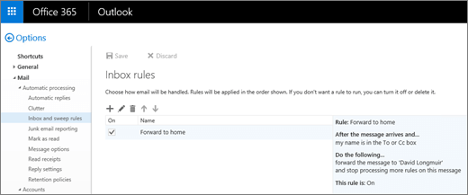 “收件箱规则”页的屏幕截图。