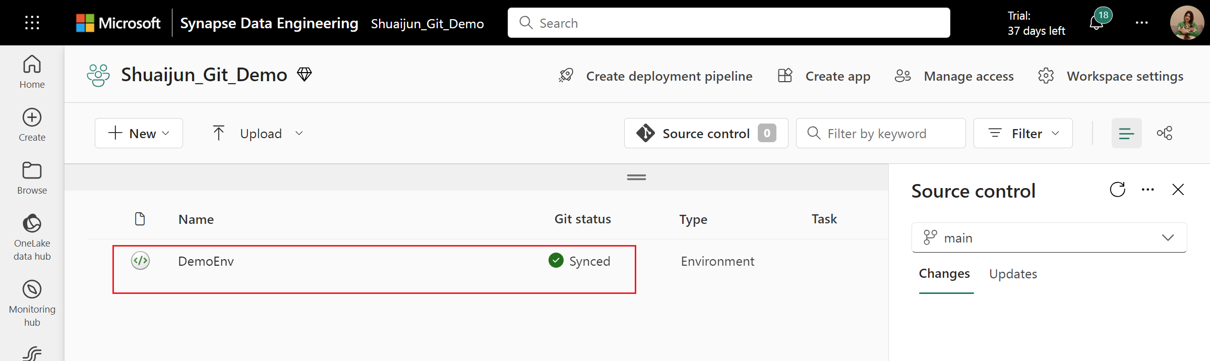 成功将工作区连接到 Azure DevOps 存储库的屏幕截图。