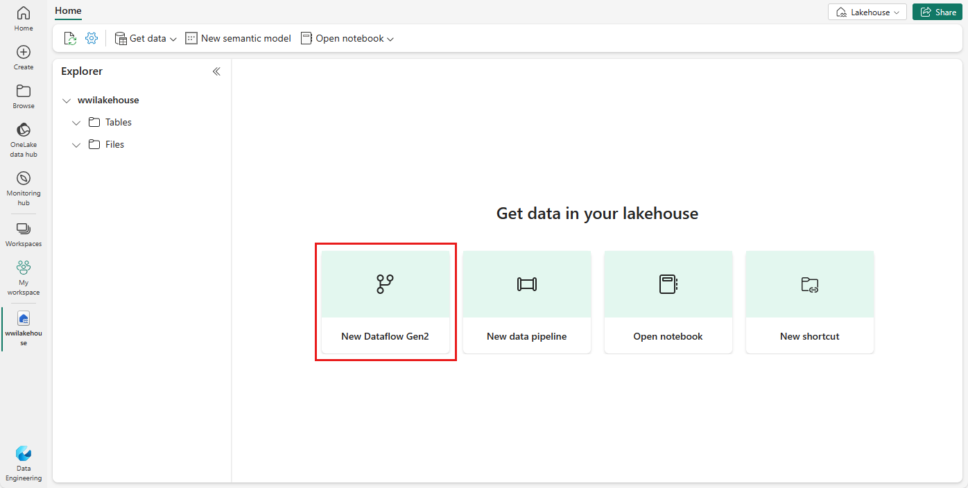 屏幕截图显示如何选择新的 Dataflow Gen2 选项以将数据加载到你的湖屋中。