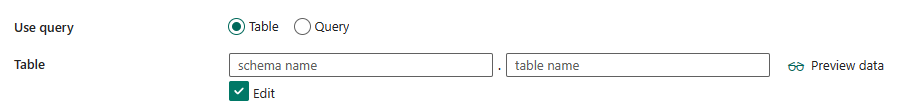 Screenshot showing Use query - Table.