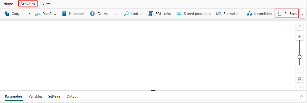 Screenshot of the Fabric UI with the Activities pane and ForEach activity highlighted.