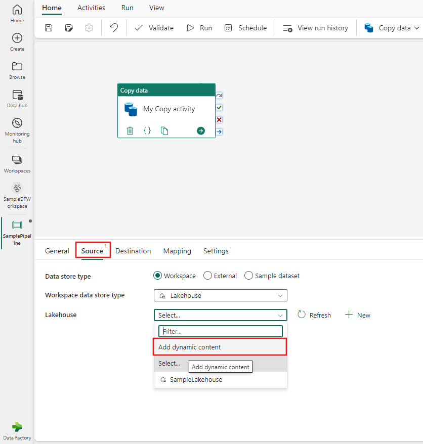 Screenshot showing the Source tab of a copy activity's property pages, highlighting the Add dynamic content option.