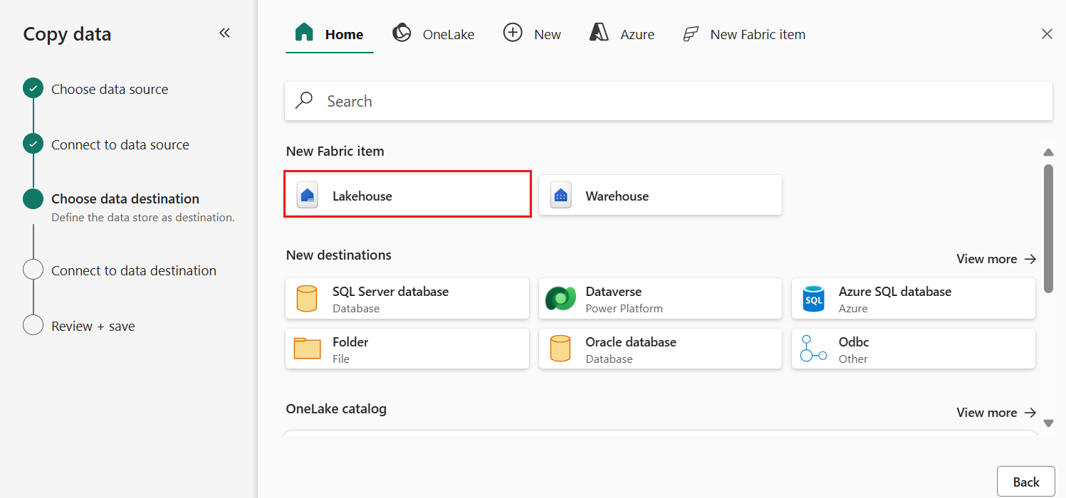 Screenshot showing the selection of the Lakehouse destination on the Choose data destination tab of the Copy data assistant.