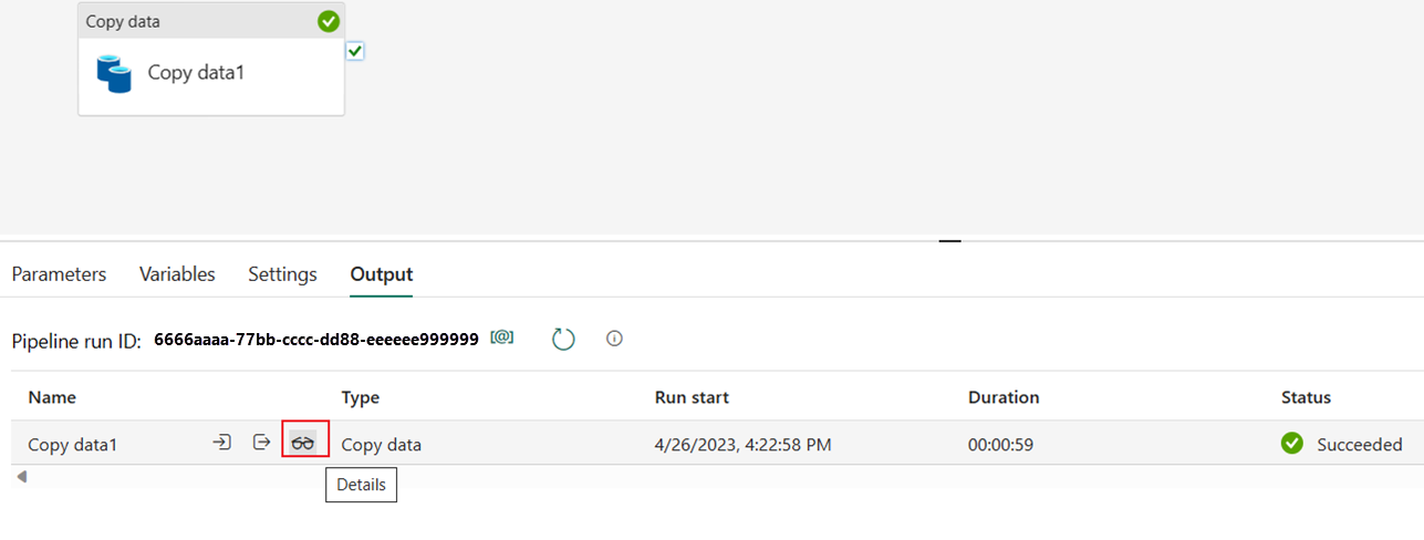 Screenshot showing the run details button in the pipeline Output tab.