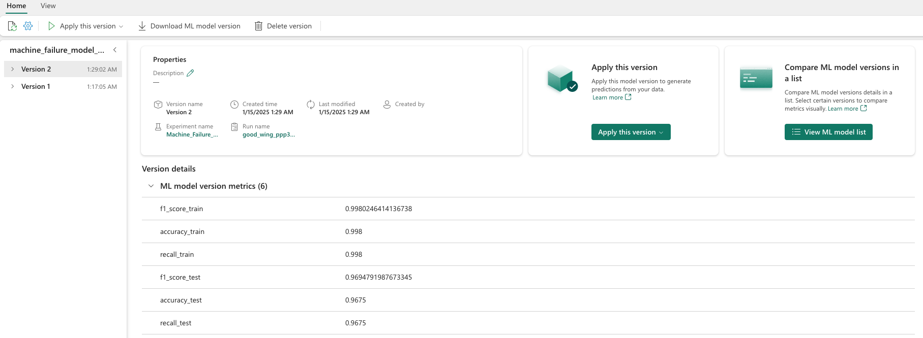 Screenshot of performance details for models.