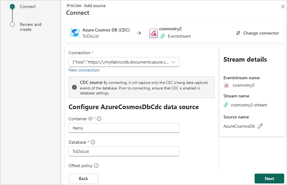 Azure Cosmos DB CDC 源的连接详细信息的屏幕截图。