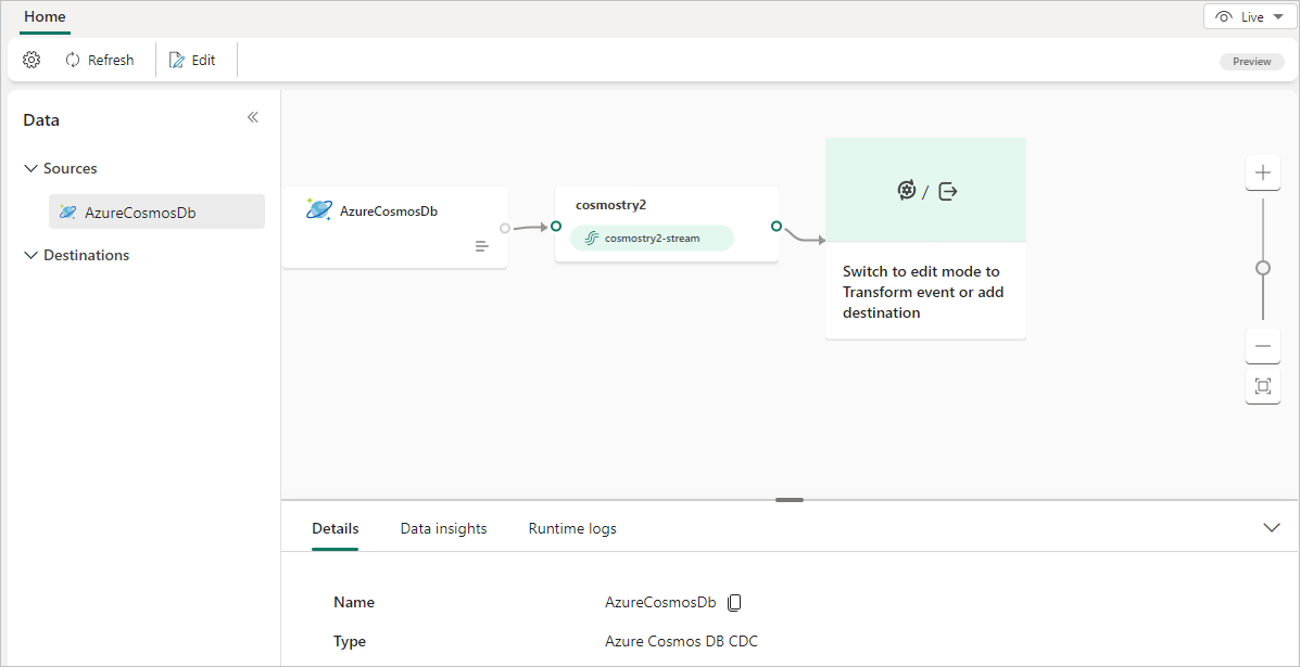 在实时视图中包含 Azure Cosmos DB 源的已发布事件流的屏幕截图。