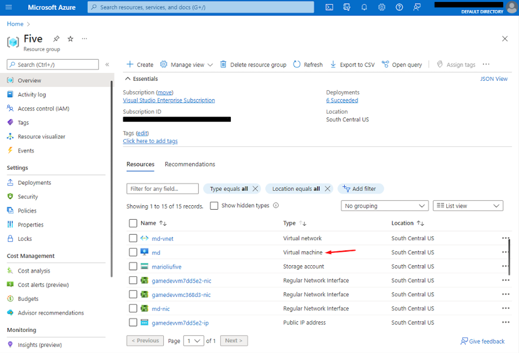 Screenshot of an Azure resource group containing a Game Development Virtual Machine