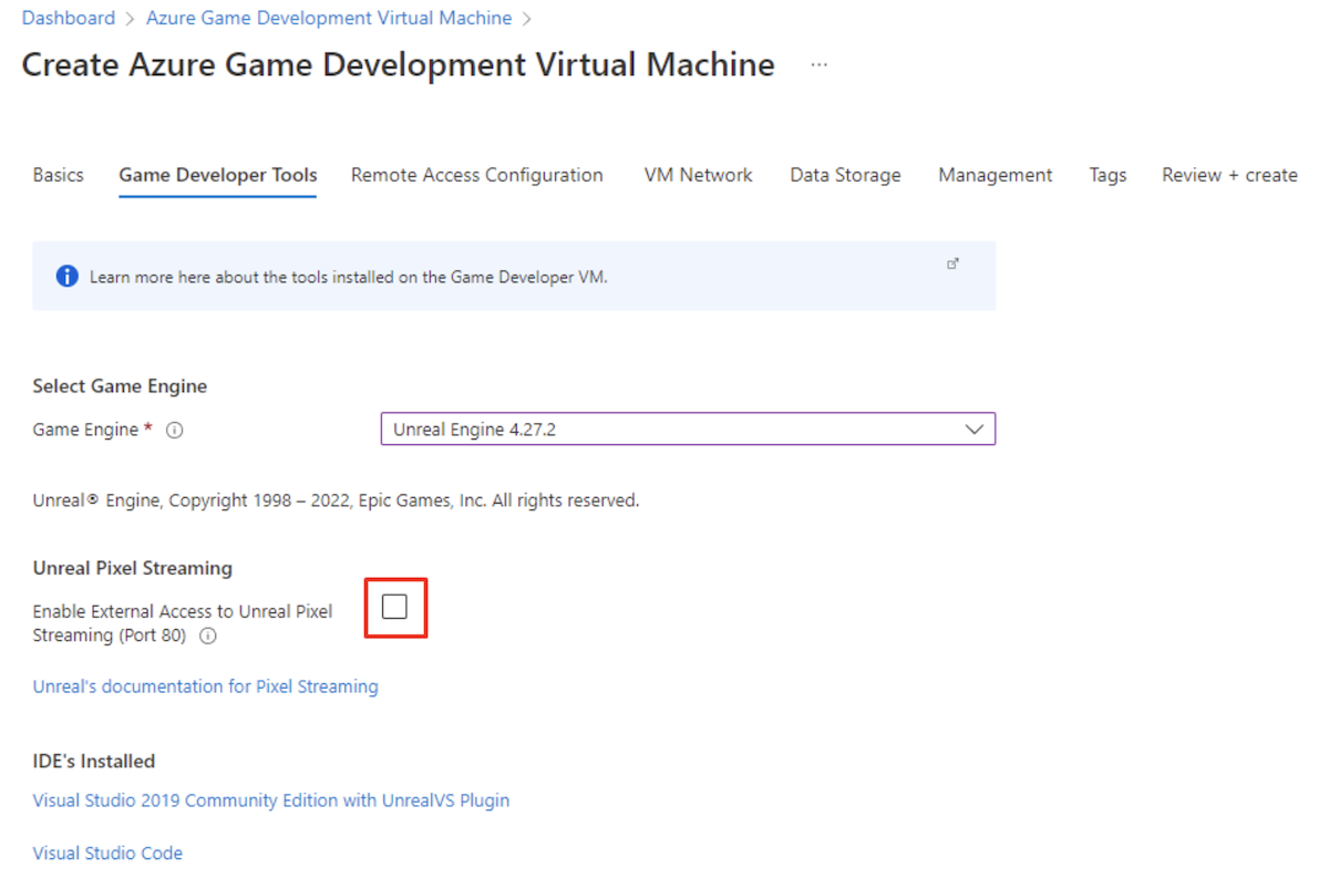 Screenshot showing where to enable Pixel streaming in the Azure Portal