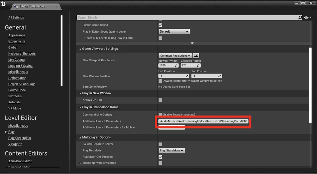 Screenshot showing the parameters to use for the Pixel Streaming plugin