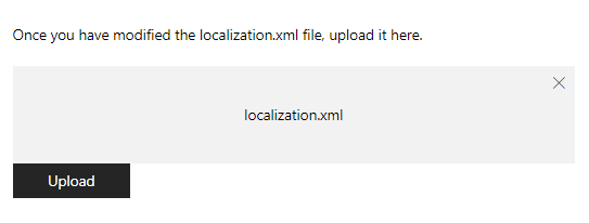 用于在合作伙伴中心中上传 localization.xml 文件的“上传”按钮和框的屏幕截图。