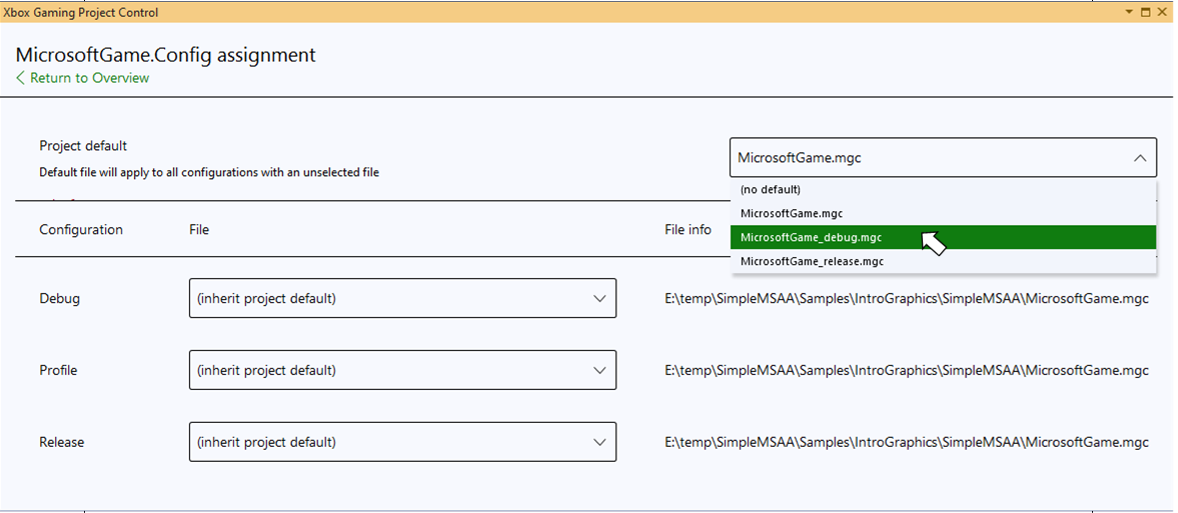 在 Xbox Project 游戏控件中管理多个 MicrosoftGameConfig.mgc 文件