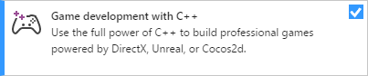 “使用 C++ 进行游戏开发”工作负载对话框的屏幕截图