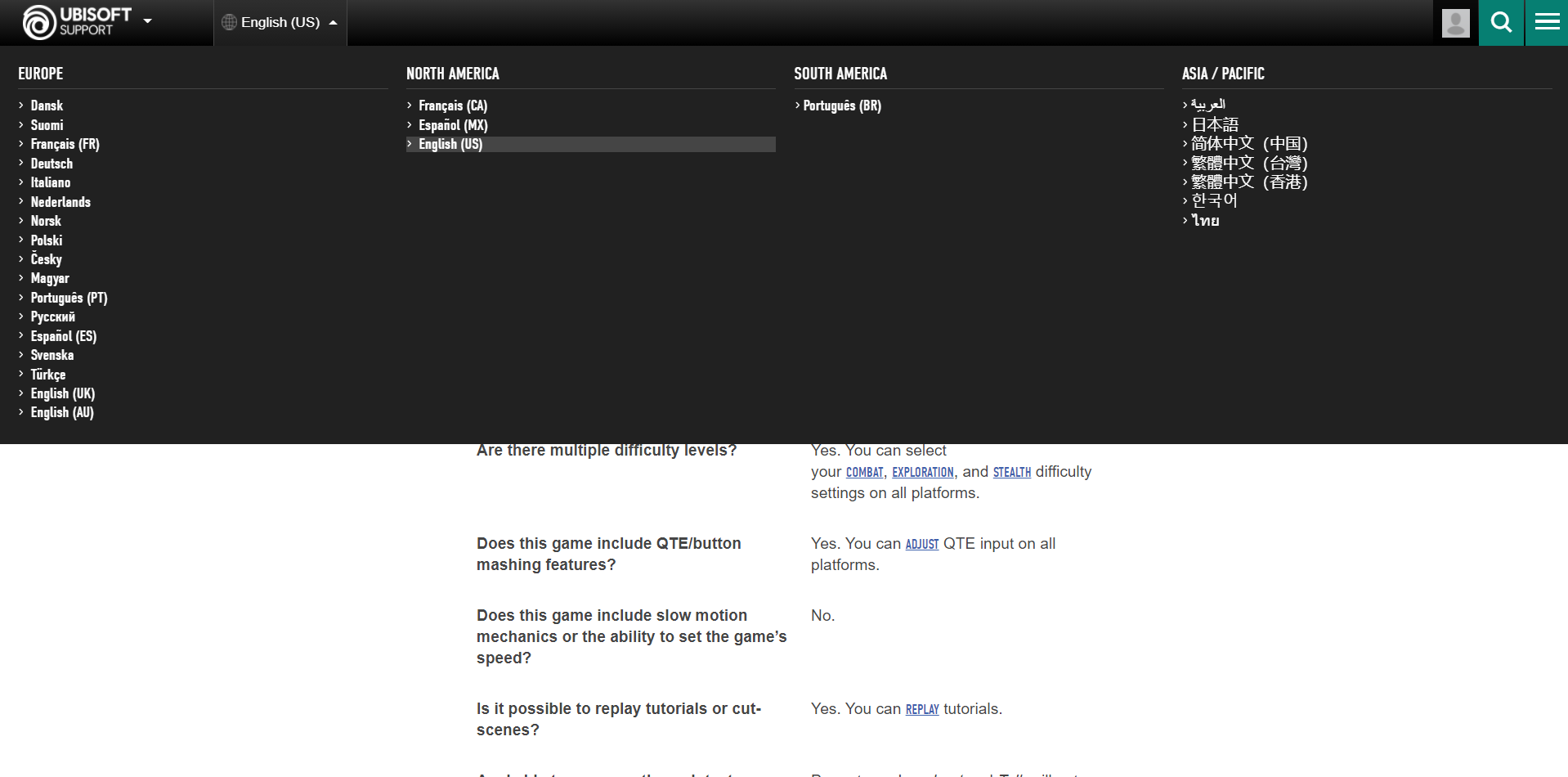 显示 Ubisoft 支持网站本地化的各种语言的屏幕截图。