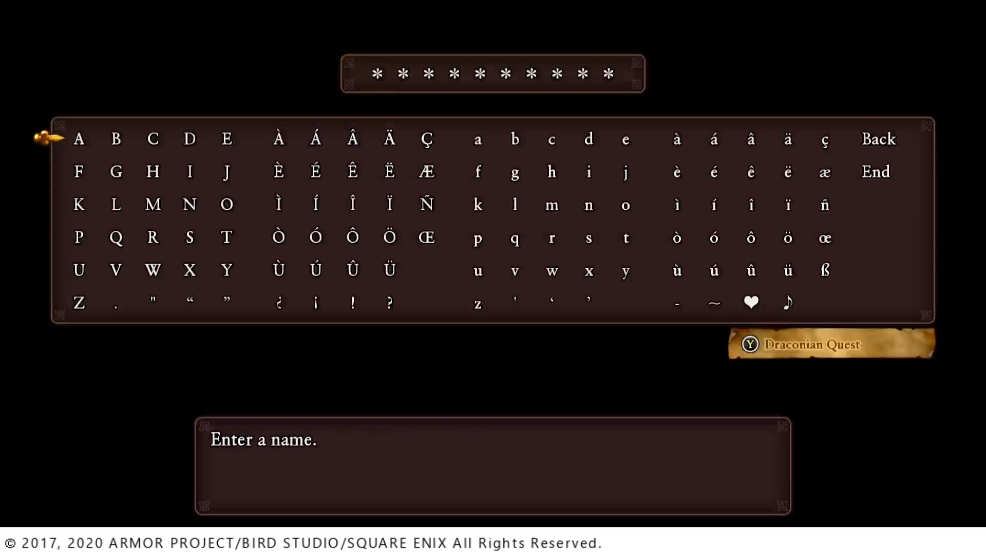 《勇者斗恶龙 XI S：寻觅逝去的时光》中角色命名屏幕的屏幕截图，屏幕中使用星号占位符代表名称中允许的每个字母空间。底部的版权说明显示“2017，2020 Armor Project / Bird Studio / Square Enix All 保留所有权利。