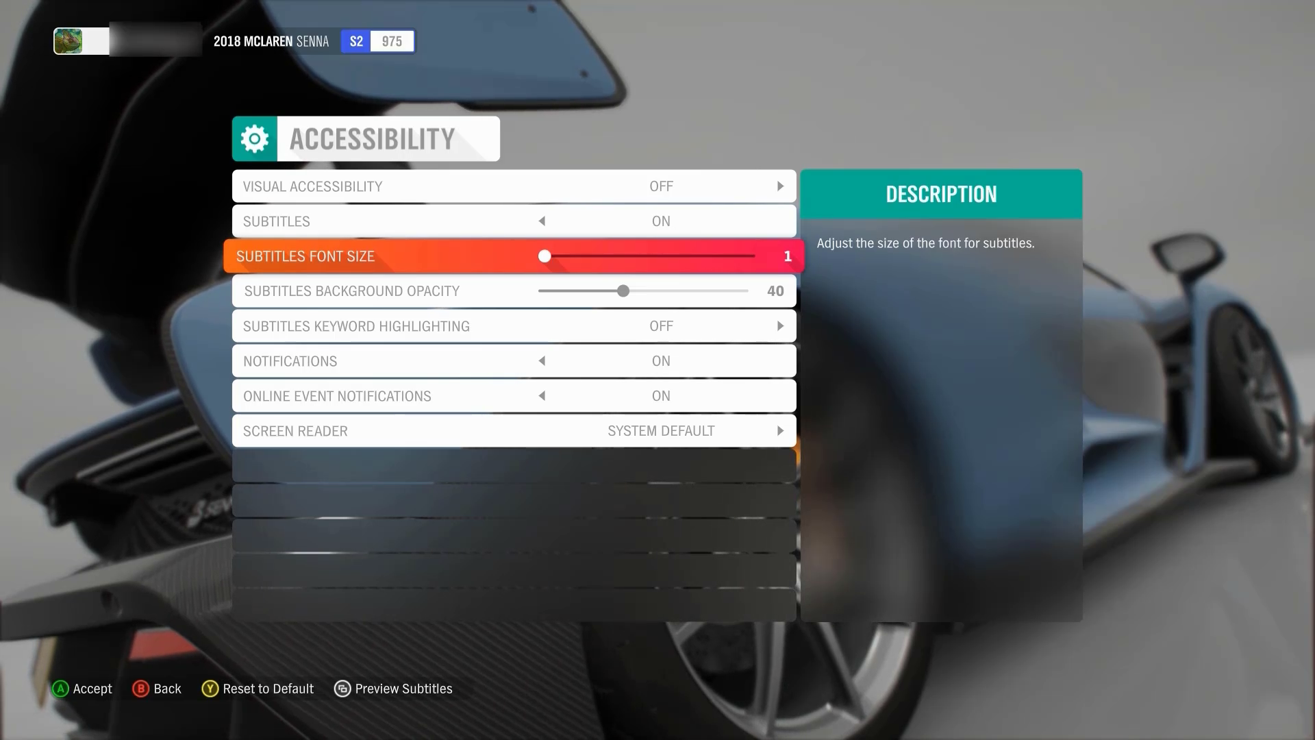 Forza Horizon 4 辅助功能设置菜单的屏幕截图。“字幕字号”选项具有焦点。当前滑块值为 1。 