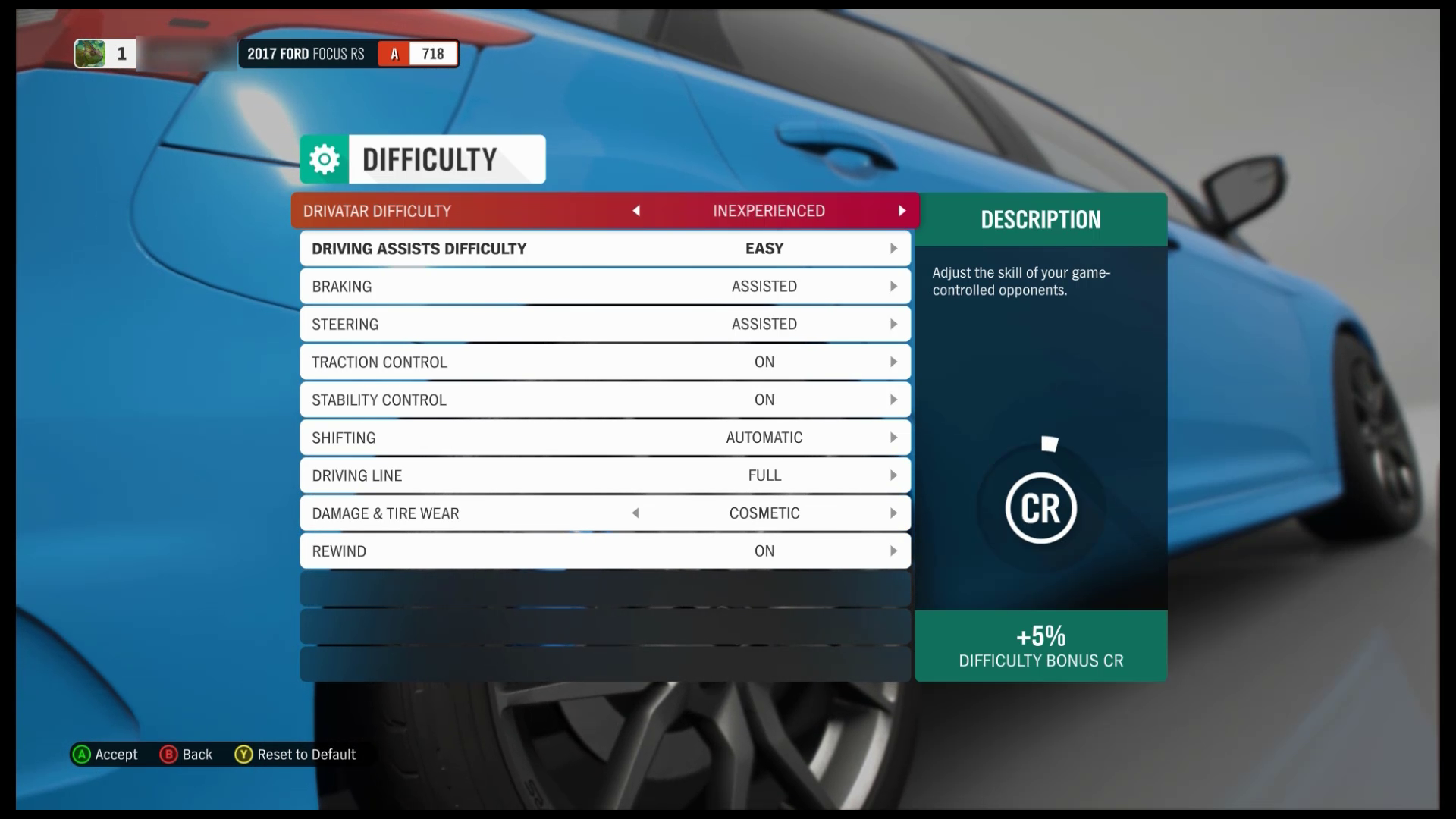 Forza Horizon 4 中难度菜单的屏幕截图。“Drivatar 难度”选项卡具有焦点。当前值为“经验不足”。