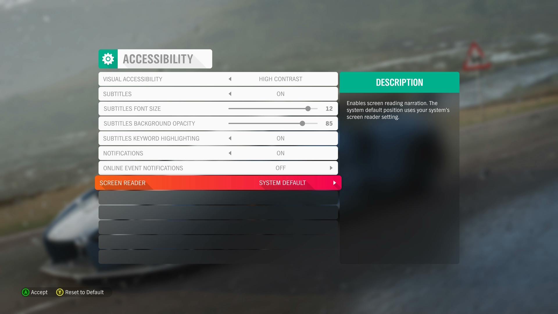 《极限竞速：地平线 4》的屏幕截图，其中显示了“辅助功能”设置菜单。“屏幕阅读器”项突出显示并设置为“系统默认值”。