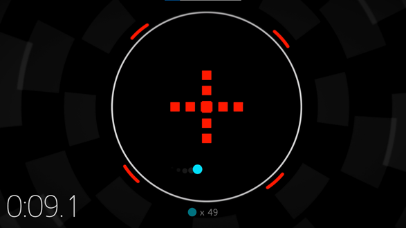 Hyperdot Drifter 中的高对比度模式。竞技场是一个黑色圆圈，中间有一个红色方块的横断面。玩家由一个蓝点表示，该蓝点在竞技场周围移动，以避免红色方块。