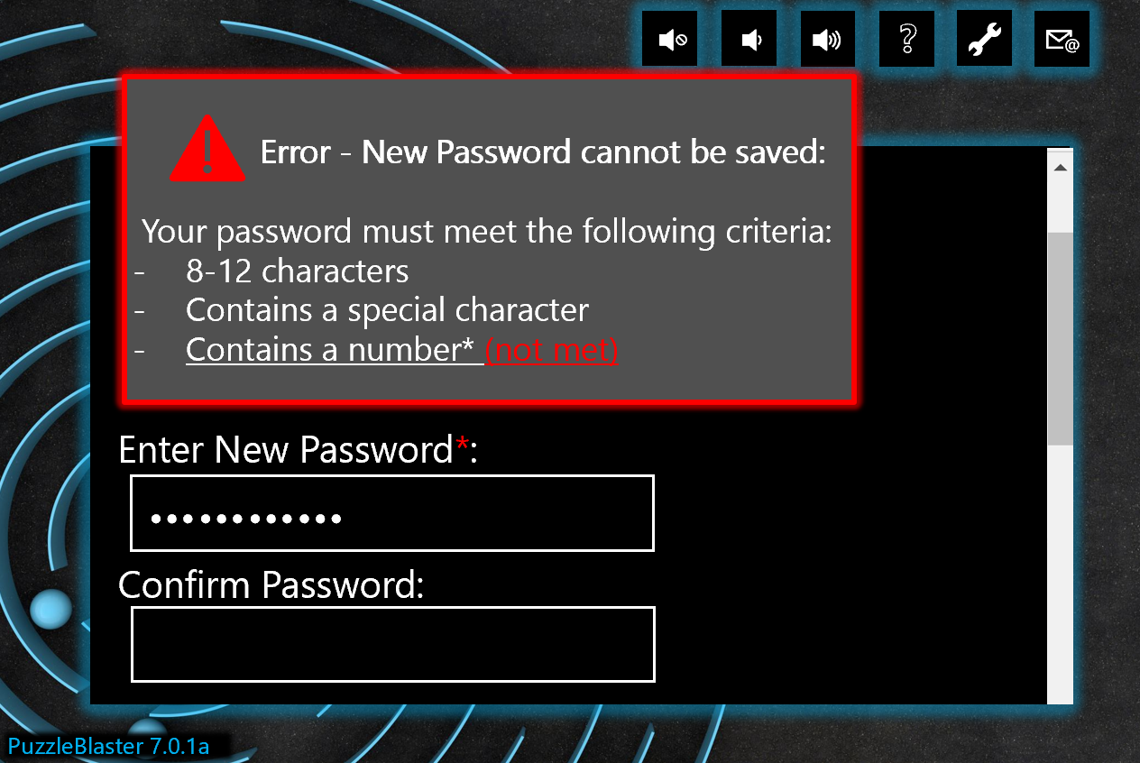 名为“PuzzleBlaster”的虚假游戏的屏幕截图。将显示“输入新密码”和“确认密码”框。第一个框已填写。它们上方会显示一条警告消息，指出“无法保存错误-新密码”，然后指示哪些条件不满足。