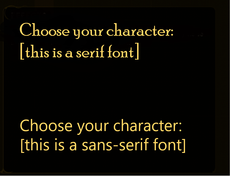 使用 Serif 和 Sans Serif 字体编写的短语“选择字符”，用于比较。