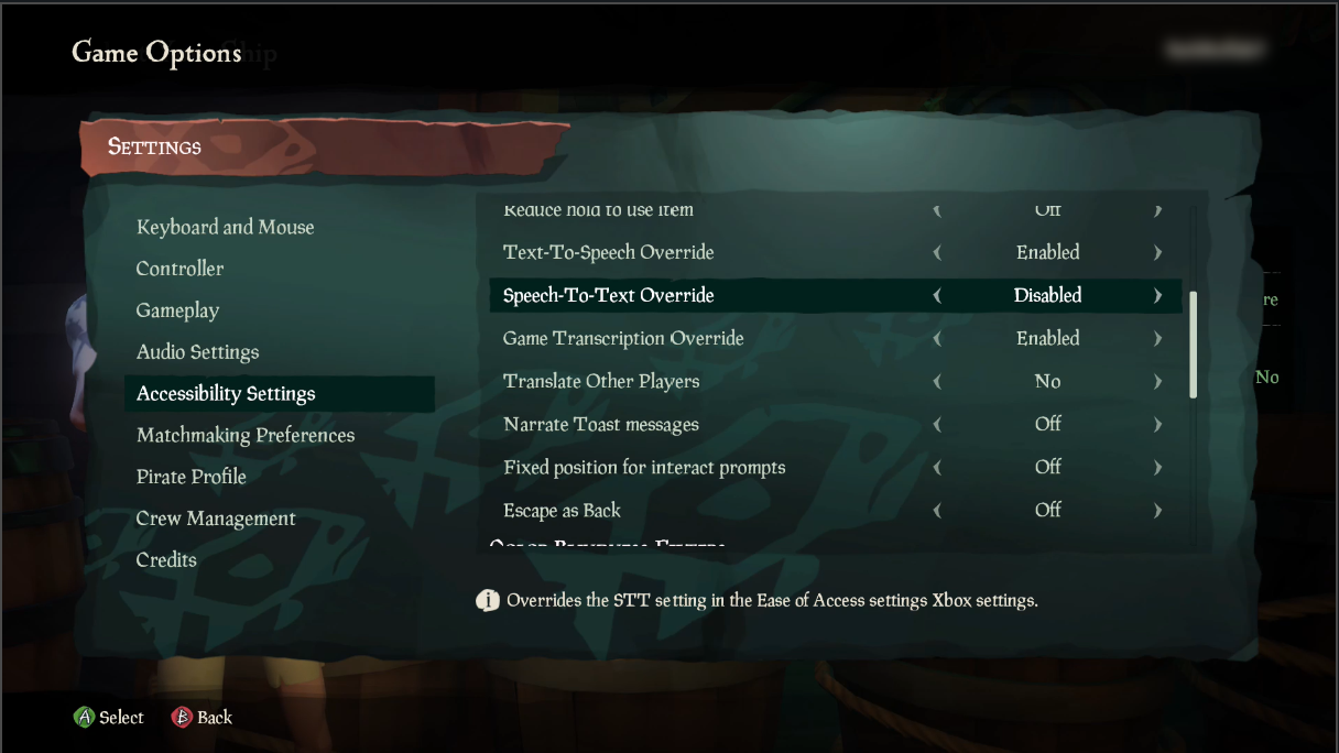 显示“游戏选项”菜单的《盗贼之海》的屏幕截图。“辅助功能设置”选项卡已激活，“语音转换为文本替代”选项将突出显示并设置为“已禁用”。