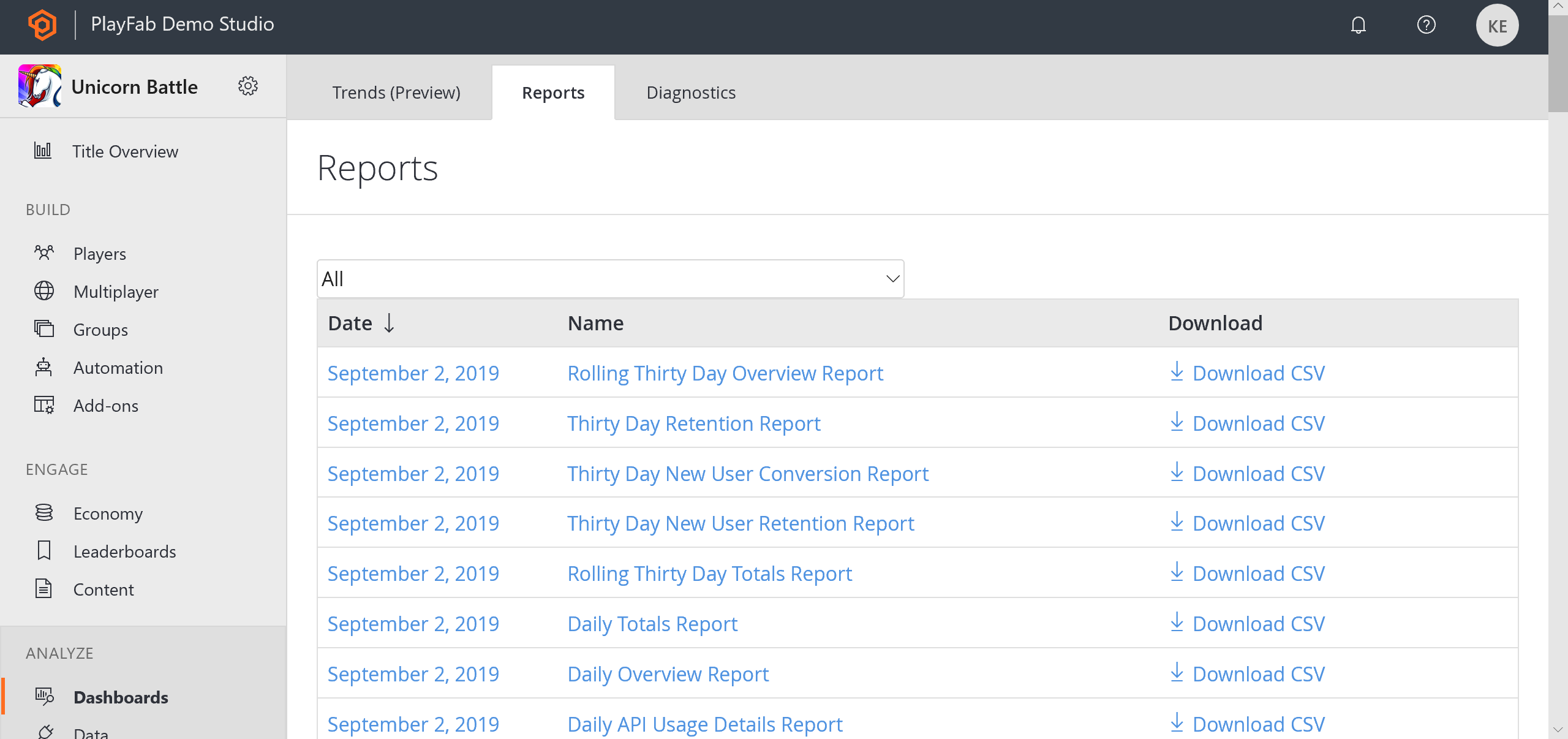 Game Manager - Analytics - 打开报表