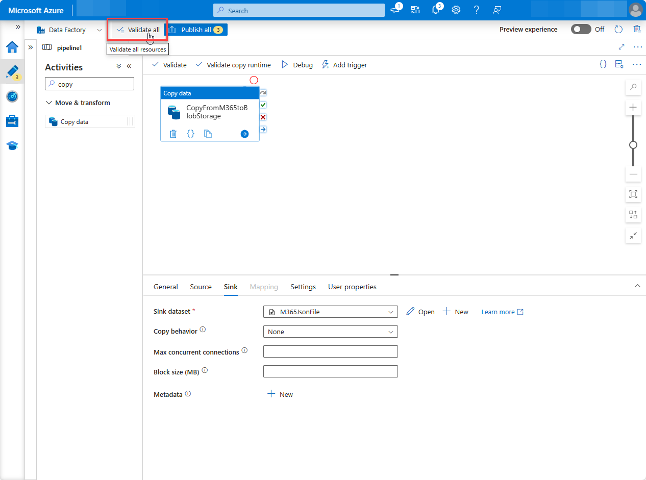 Azure 门户“工厂资源”页的屏幕截图，其中突出显示了“全部验证”。