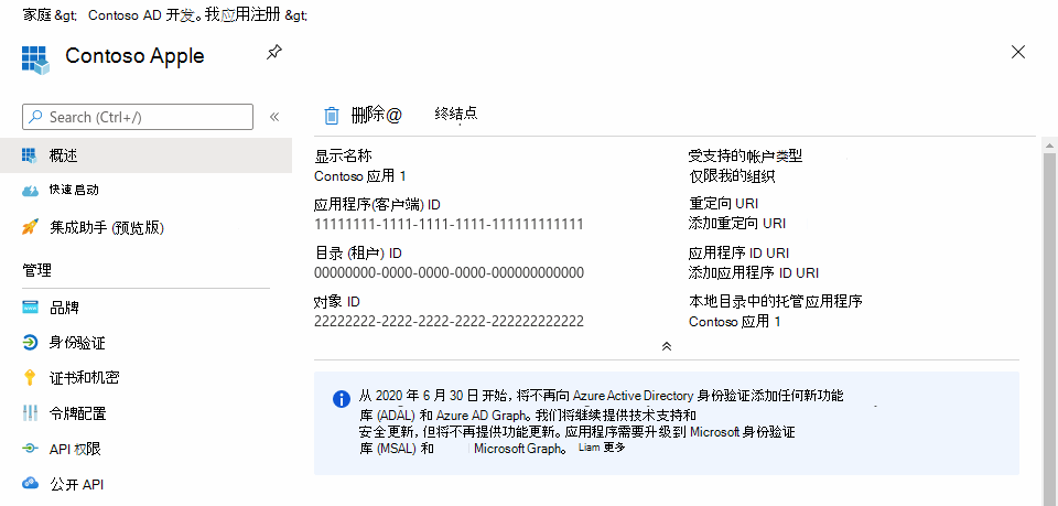 Web 浏览器中Microsoft Entra 管理中心的屏幕截图，其中显示了应用注册的“概述”窗格。