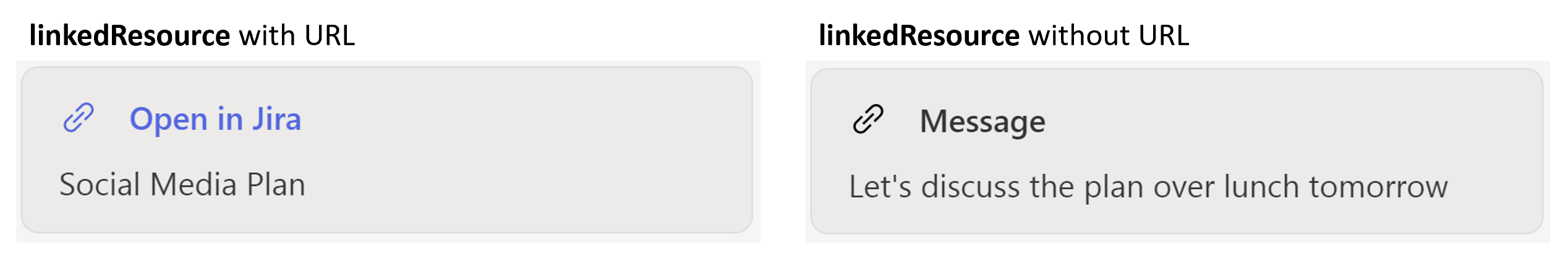 显示带 URL 和不带 URL 的链接资源卡的显示方式的图像。带有 URL 的链接资源卡包含“使用合作伙伴应用程序名称打开”，而没有 URL 的链接资源卡仅包含合作伙伴应用程序名称。